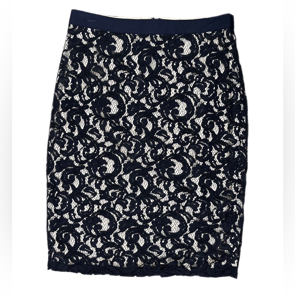 Club Monaco Navy Lace Overlay with Cream Lining Mini Pencil Skirt - Size 4